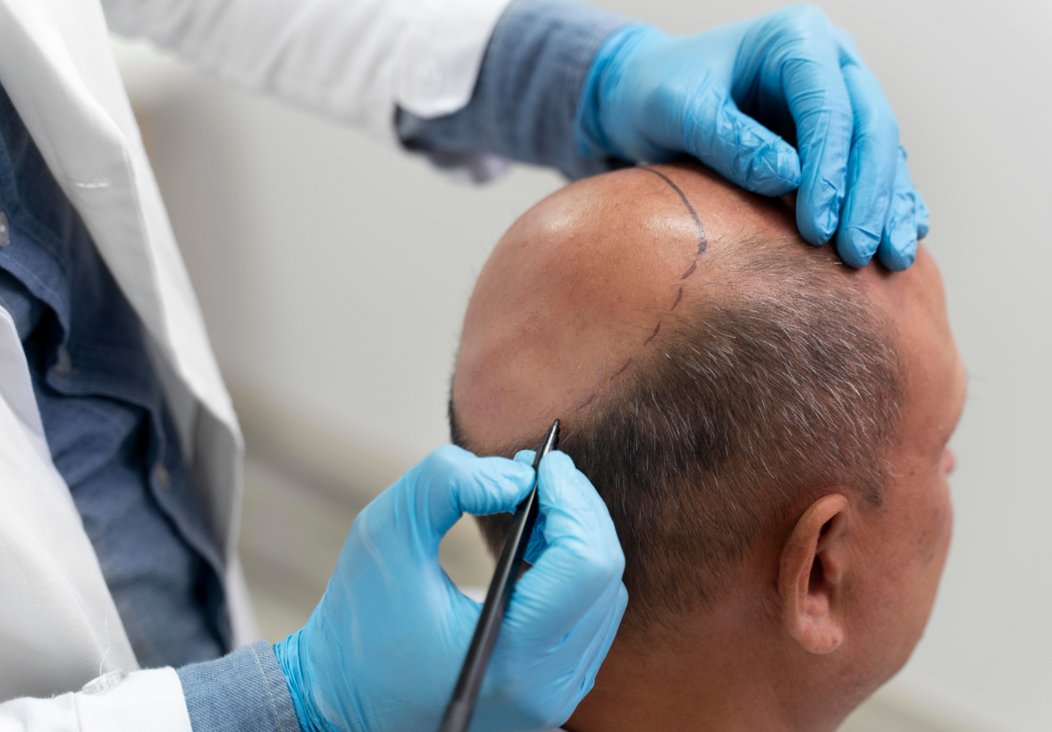 A specialist marking a mans bald spot before his hair transplant surgery