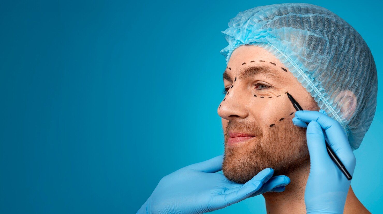 A nurse is marking a male patient before rhinoplasty surgery