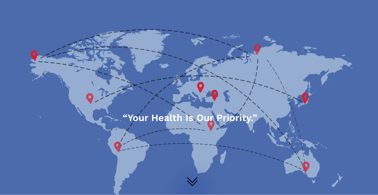 World Map with our slogan your health is our priority!