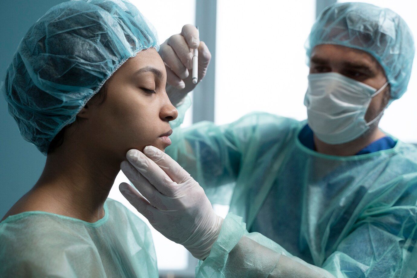 A woman is examined by the doctor before the surgery