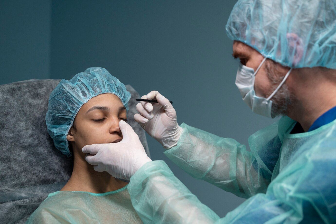 A doctor starts to draw markings on a patient before the rhinoplasty surgery